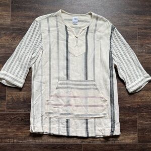 Zara Relaxed Fit Baja Pullover Hoodie Cream Striped Size L